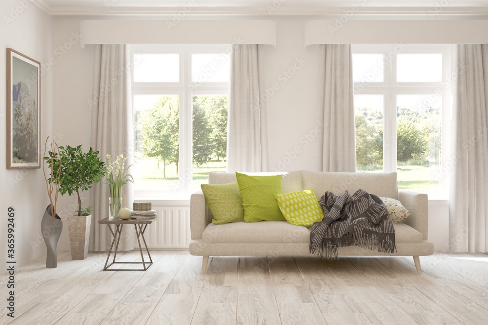 White living room with sofa and summer landscape in window. Scandinavian interior design. 3D illustration - obrazy, fototapety, plakaty 
