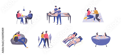 Couple rest and romantic vacation scenes flat vector illustrations set isolated.