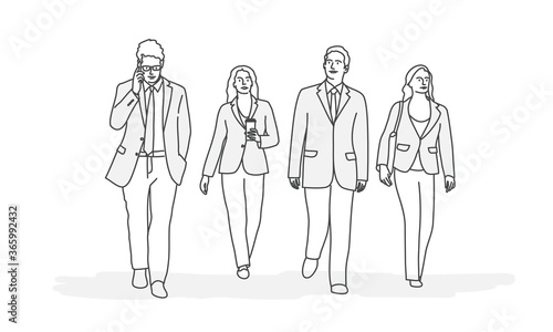 Walking business people. Line drawing vector illustration.