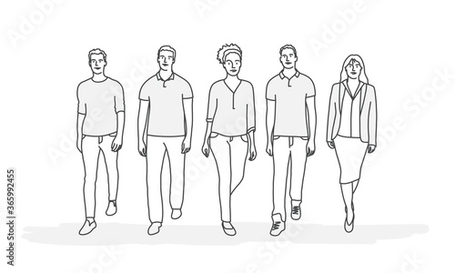 Young team members stand. Line drawing vector illustration.