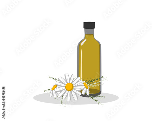 Bottle of essential chamomile flower oil isolated on yellow background. Icon vector illustration.