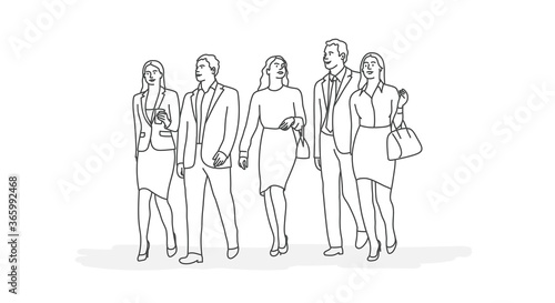 Business people walking together discussing work. Line drawing vector illustration.