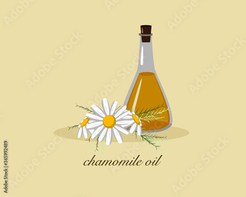 Bottle of essential chamomile flower oil isolated on yellow background. Icon vector illustration.