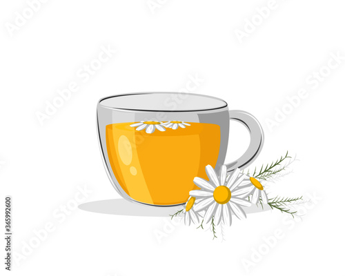 Cup of chamomile tea with white flower. Icon vector illustration. 