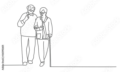 Old man and woman walking together. Line drawing vector illustration.