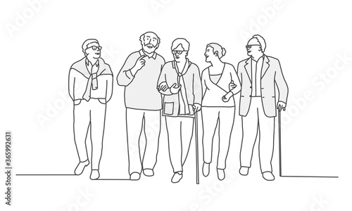 Old people walking together. Line drawing vector illustration.