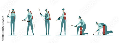 An illustration of a pest control worker in various poses wearing protective coveralls and holding a sprayer.