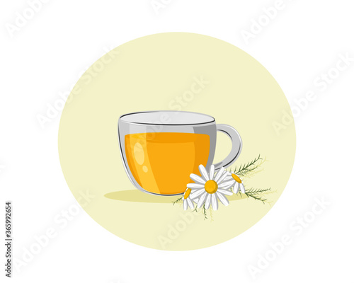  cup of chamomile tea with white flower. Icon vector illustration. 