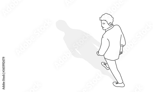 Walking man. View from above. Line drawing vector illustration.