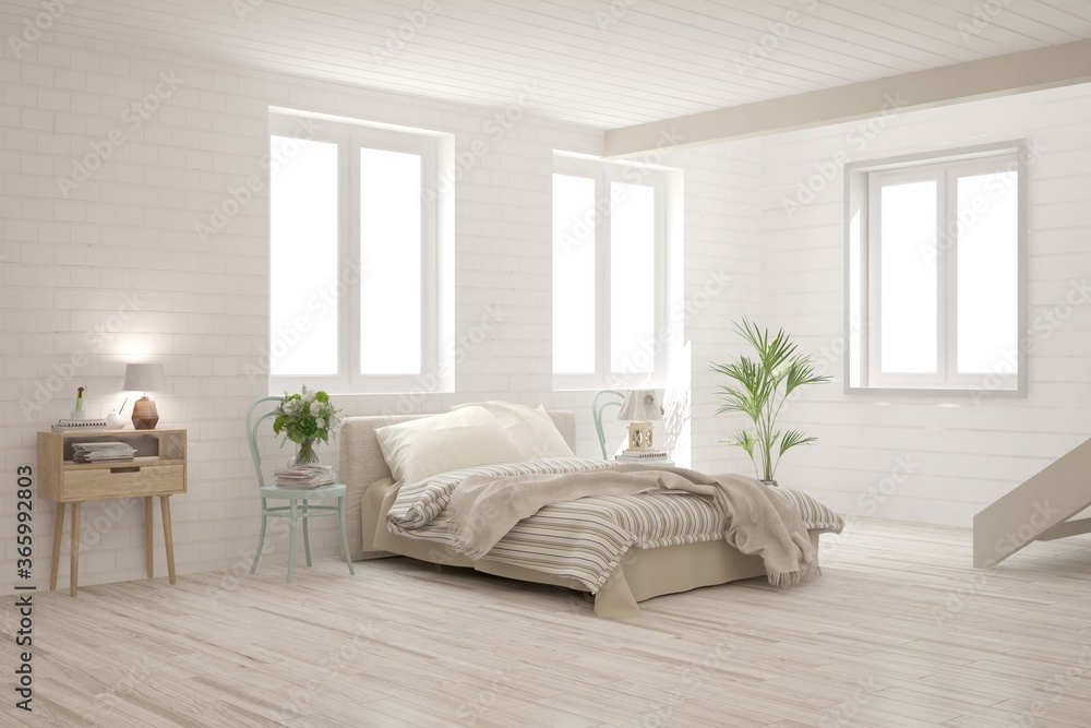 Fototapeta premium White bedroom interior. Scandinavian design. 3D illustration