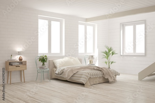 White bedroom interior. Scandinavian design. 3D illustration © AntonSh