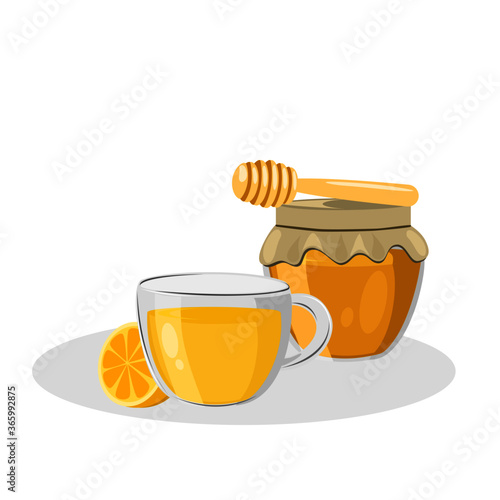 Cup of Ginger tea with jar of pure honey and lemon slice isolated on white background. Icon vector illustration. Healthy drinks concept.