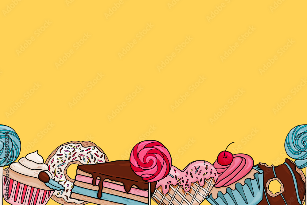 Seamless border with sweets donuts lollipop and cakes. Vector illustration with sweets  on bright background