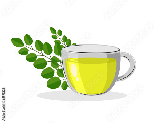  cup of moringa tea with green leaf isolated on white. Icon vector illustration.