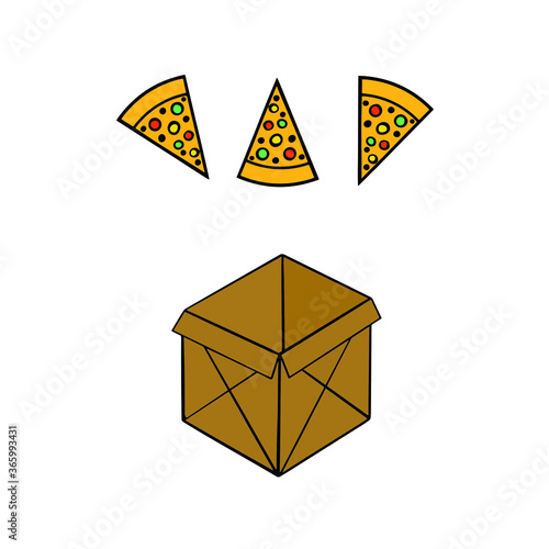 Pizza in a craft box delivery. Fastfood colorful illustration, Slice of pie with vegetables