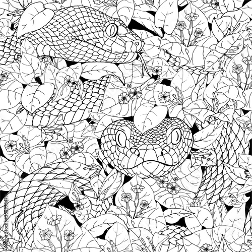Snakes among bougainvillea flowers, black and white seamless vector illustration
