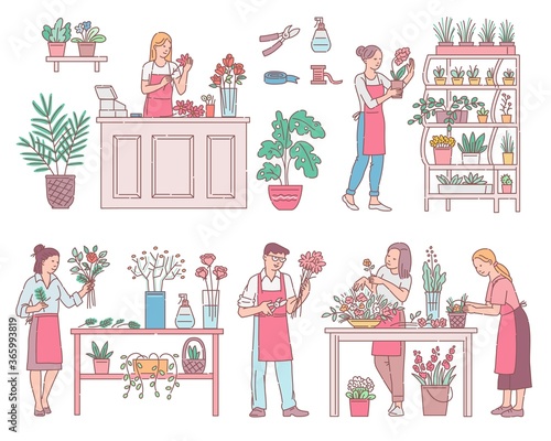 Vector illustrations of people working in a flower shop or floristic exhibition.