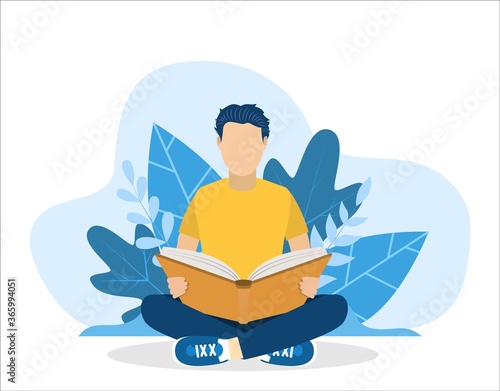 Young man reading book sitting in nature. Education, reading, studying. Vector illustration in flat style.