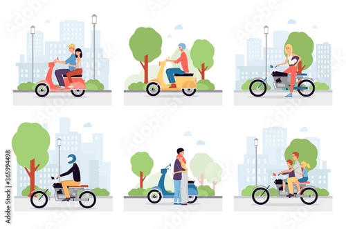 Motorcycle riders in the city streets. A set of vector illustrations