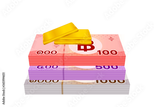 gold bars and stack thai money, gold bullion and banknote THB of thailand, financial business and savings concepts, thai baht money and gold bar isolated on white, bank note paper money bullion gold