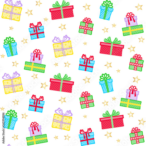 Colorful gift boxes with different patterns, ribbons and bows on a white background with golden stars. Vector seamless pattern for festive design, wallpaper, banner, wrapping paper, packaging, wrapper