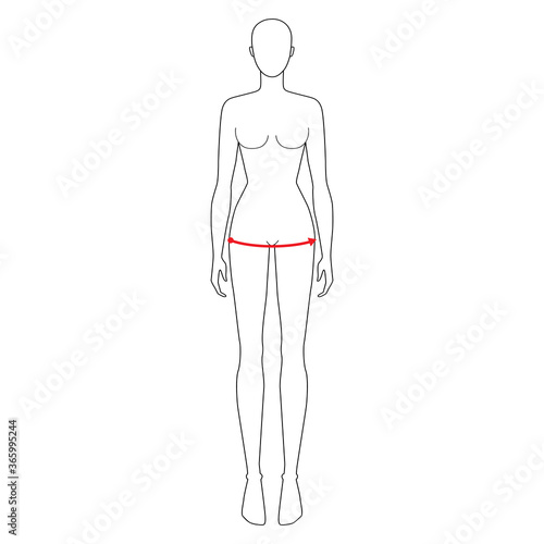 Women to do hip measurement fashion Illustration for size chart. 7.5 head size girl for site or online shop. Human body infographic template for clothes. 