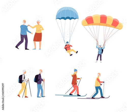 Positive active elderly people characters set flat vector illustration isolated.