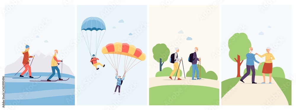 An elderly couple of pensioners leading an active lifestyle-vector set of cards.