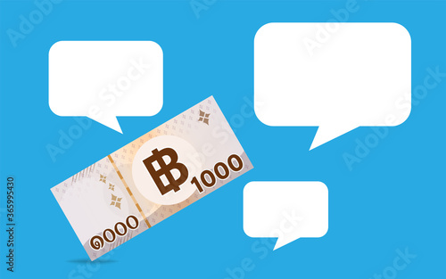 money 1000 baht banknote thai and speech bubble, copy space text, bank note money thailand THB on blue background, currency thai baht for banner, paper money and white square frame