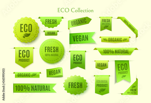 Set of green tags and badges with the words eco product, fresh, vegan. Eco collection, offers isolated on white background
