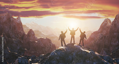 Silhouette of the team on the peak of mountain. 3d rendering