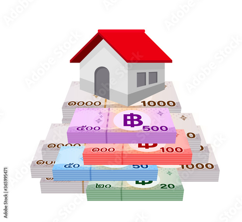 pile money banknote thai baht and house, residential home on bank note money thai baht, money stack 1000, 500, 100, 50, 20 THB real estate concept, business property credit and finance idea