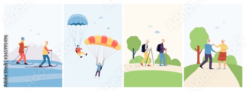 An elderly couple of pensioners leading an active lifestyle-vector set of cards.