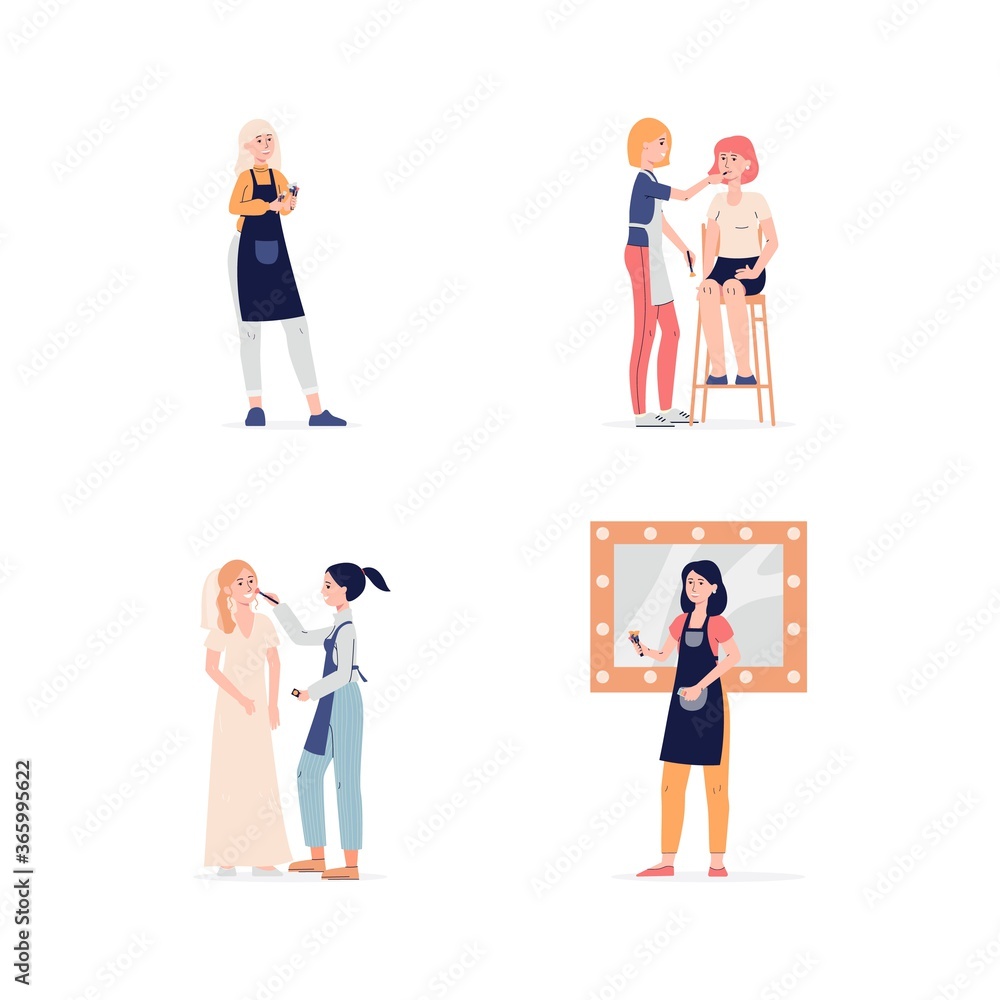 Makeup artist and client female characters set flat vector illustration isolated.