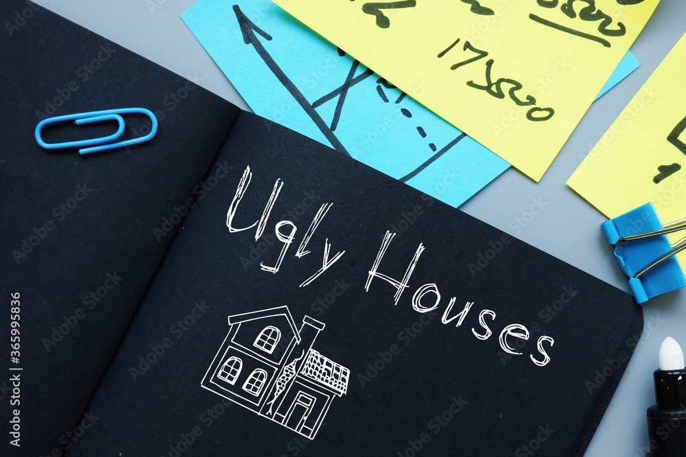 Business concept about Ugly Houses Agent with sign on the sheet. Business concept about Ugly Houses Agent with sign on the sheet.