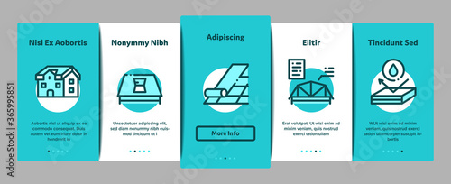 Roof Housetop Material Onboarding Mobile App Page Screen Vector. House Roof Waterproof And Temperature Heat Resistant Construction, Repair And Installation Illustrations