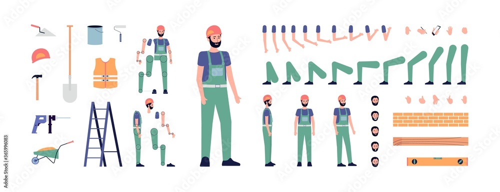 Construction worker character animation set flat vector illustration isolated.