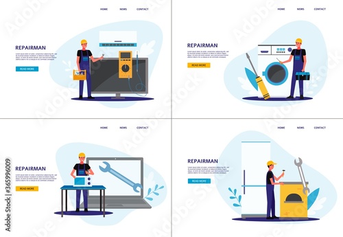 Web pages set repair of household appliances flat vector illustration isolated.