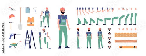 Construction worker character animation set flat vector illustration isolated.