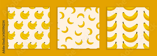 Whole yellow bananas. Set of seamless patterns on a beige background. Three drawn patterns in flat style. Summer cheerful cute banner. Background for design and printing.