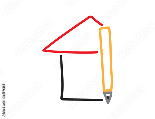 Homeschooling icon - Hand drawn house and pencil on White background