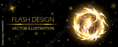 Electric ball, lightning circle strike impact place, plasma sphere in golden color with stars isolated on dark background. Powerful electrical discharge, magical energy flash. Realistic 3d