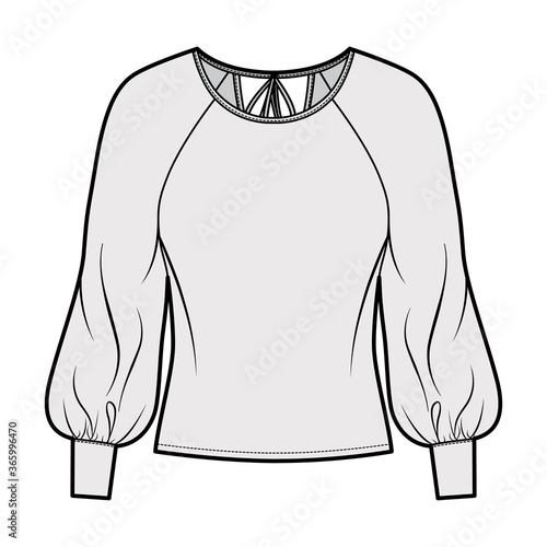 Blouse technical fashion illustration with wide round neck, exaggerated balloon raglan sleeves. sleeves, ties at back. Flat apparel shirt template front, grey color. Women men unisex top CAD photo