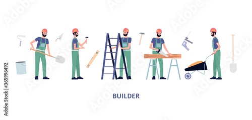Banner with builder or foreman man character flat vector illustration isolated.