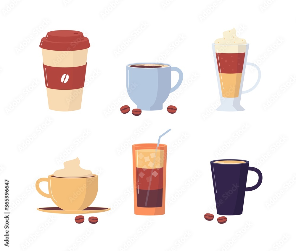 Set of coffee mugs and cups with coffee drink flat vector illustration isolated. Set of coffee mugs and cups with coffee drink flat vector illustration isolated.