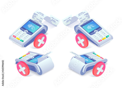 Isometric shopping, error contactless payments via smartphone concept set. 3d payment terminal with red cross checkmark. Cashless NFC payment transaction canceled. Vector Flat payments machine