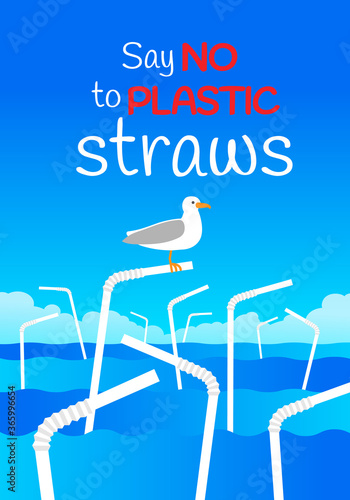 say no to plastic straw poster placard design with floating straws ocean seagull