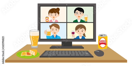 オンライン飲み会を開催中のデスクトップパソコンの画面のイラスト/白背景