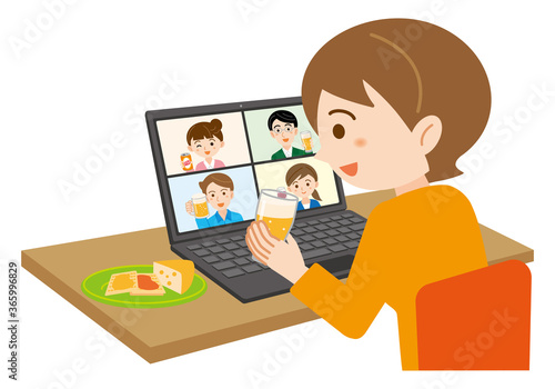 ノートパソコンでオンライン飲み会に参加する女性のイラスト/白背景	