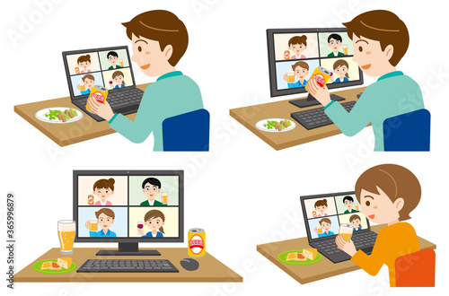 パソコンでオンライン飲み会に参加する男女のイラストセット/白背景	